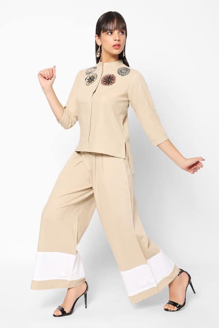 Buy_16stitches_Beige Egyption Cotton Placement Embroidery Mandala Mandarin Shirt With Pant_Online_at_Aza_Fashions