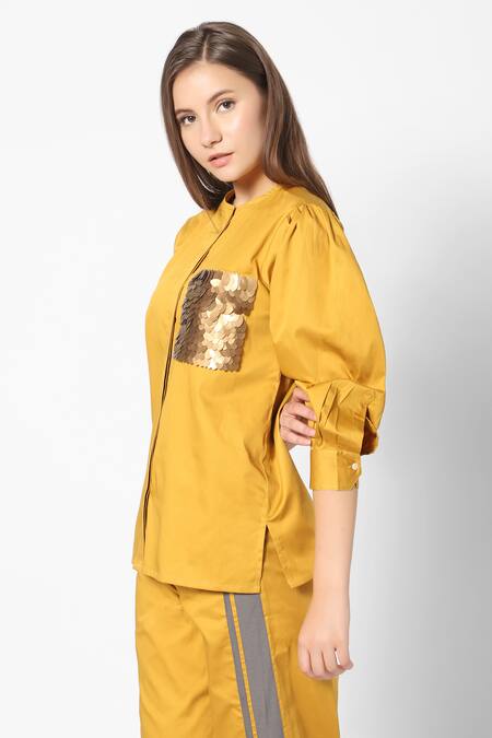 Buy_16stitches_Yellow Egyption Cotton Placement Hand Embroidery Patch Pocket Shirt With Pant_Online_at_Aza_Fashions
