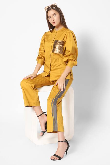 Shop_16stitches_Yellow Egyption Cotton Placement Hand Embroidery Patch Pocket Shirt With Pant_Online_at_Aza_Fashions