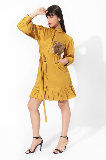 Shop 16stitches Yellow Egyption Cotton Placement Hand Embroidery Fish Patch Pocket Shirt Dress at Aza Fashions Shop_16stitches_Yellow Egyption Cotton Placement Hand Embroidery Fish Patch Pocket Shirt Dress_at_Aza_Fashions