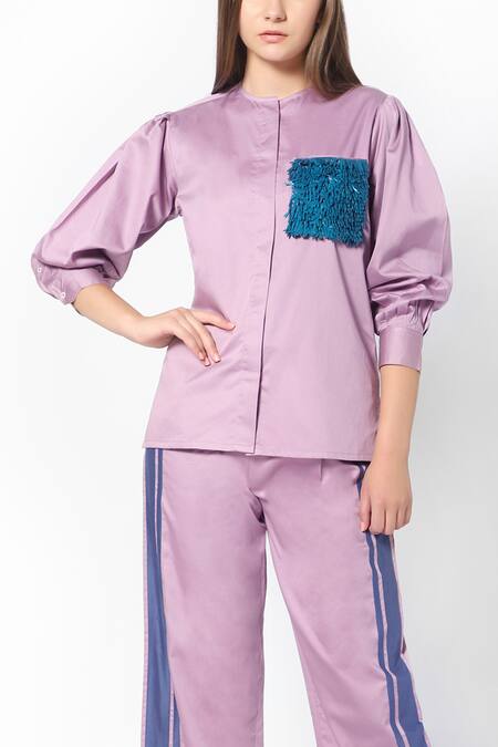 16stitches_Purple Egyption Cotton Placement Hand Embroidery Fringe Round Shirt With Pant_Online_at_Aza_Fashions