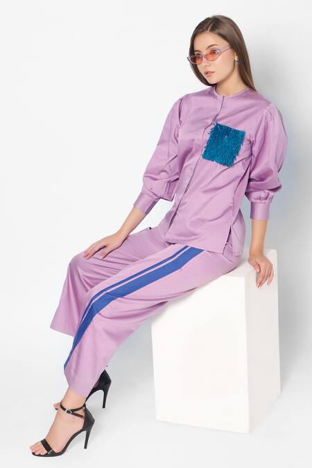 Buy_16stitches_Purple Egyption Cotton Placement Hand Embroidery Fringe Round Shirt With Pant_Online_at_Aza_Fashions