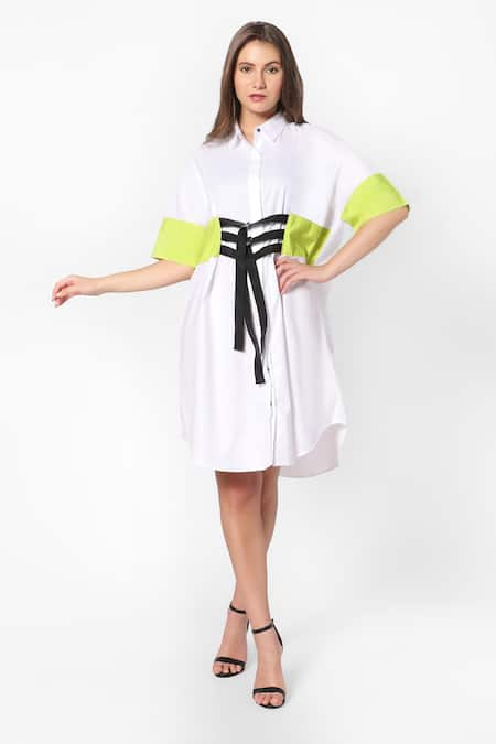 16Stitches White Egyption Cotton Plain Collared Neck Contrast Belt Detail Shirt Dress 