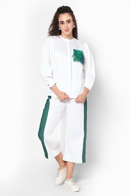 Shop 16stitches White Egyption Cotton Placement Embroidery Shimmer Fringe Pocket Shirt With Pant at Aza Fashions Shop_16stitches_White Egyption Cotton Placement Embroidery Shimmer Fringe Pocket Shirt With Pant_at_Aza_Fashions