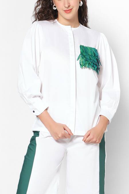16stitches White Egyption Cotton Placement Embroidery Shimmer Fringe Pocket Shirt With Pant Online at Aza Fashions 16stitches_White Egyption Cotton Placement Embroidery Shimmer Fringe Pocket Shirt With Pant_Online_at_Aza_Fashions