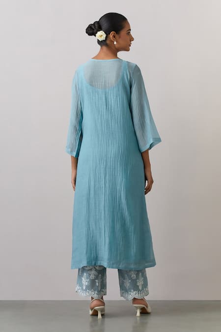 Shop Ikshita Choudhary Blue Chanderi, Tissue Embroidery Round Neck Kurta Pant Set at Aza Fashions Shop_Ikshita Choudhary_Blue Chanderi, Tissue Embroidery Round Neck Kurta Pant Set _at_Aza_Fashions