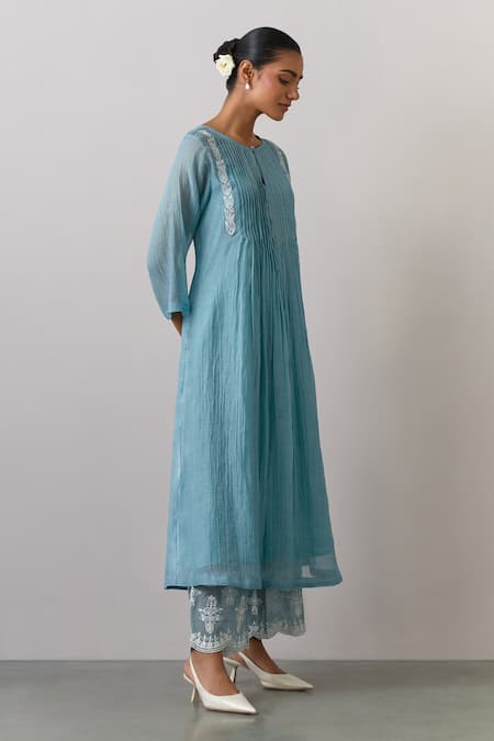 Ikshita Choudhary Blue Chanderi, Tissue Embroidery Round Neck Kurta Pant Set Online at Aza Fashions Ikshita Choudhary_Blue Chanderi, Tissue Embroidery Round Neck Kurta Pant Set _Online_at_Aza_Fashions