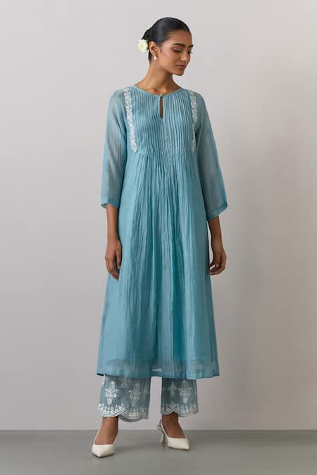 Buy Ikshita Choudhary Blue Chanderi, Tissue Embroidery Round Neck Kurta Pant Set Online at Aza Fashions Buy_Ikshita Choudhary_Blue Chanderi, Tissue Embroidery Round Neck Kurta Pant Set _Online_at_Aza_Fashions