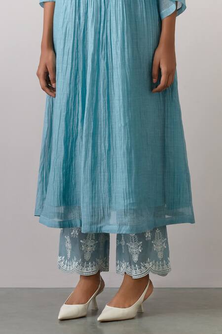 Ikshita Choudhary Blue Chanderi, Tissue Embroidery Round Neck Kurta Pant Set at Aza Fashions Ikshita Choudhary_Blue Chanderi, Tissue Embroidery Round Neck Kurta Pant Set _at_Aza_Fashions
