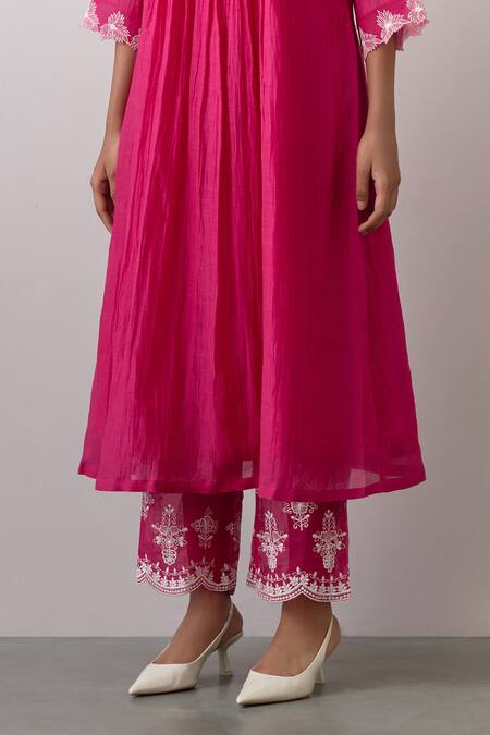 Buy Ikshita Choudhary Pink Chanderi Embroidered Thread Round Kurta Pant Set Buy_Ikshita Choudhary_Pink Chanderi Embroidered Thread Round Kurta Pant Set