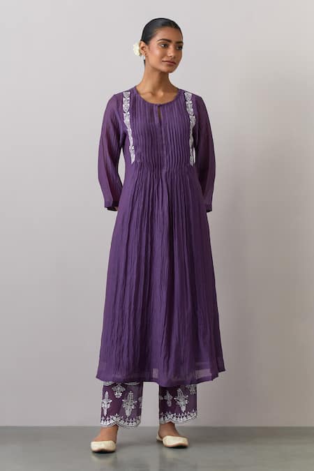 Buy_Ikshita Choudhary_Purple Chanderi, Tissue, Organza Embroidery Round Neck Kurta Pant Set _Online_at_Aza_Fashions