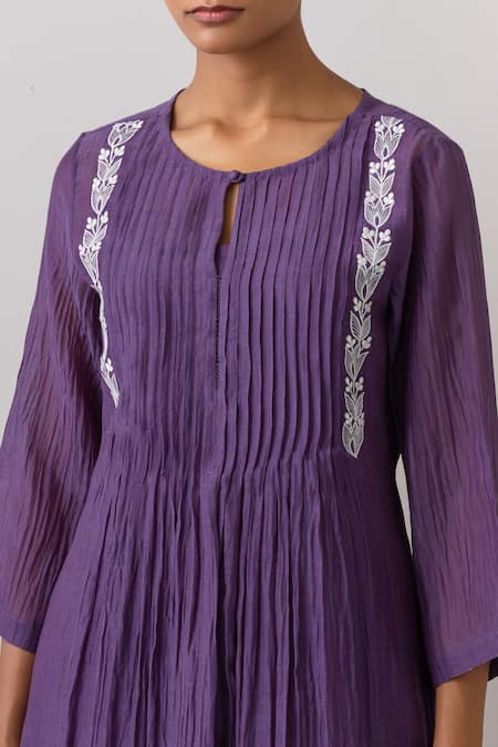 Shop_Ikshita Choudhary_Purple Chanderi, Tissue, Organza Embroidery Round Neck Kurta Pant Set _Online_at_Aza_Fashions
