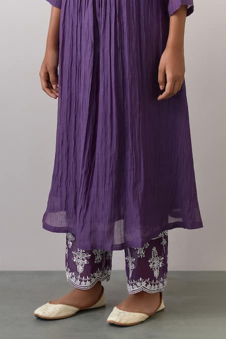 Ikshita Choudhary_Purple Chanderi, Tissue, Organza Embroidery Round Neck Kurta Pant Set _at_Aza_Fashions