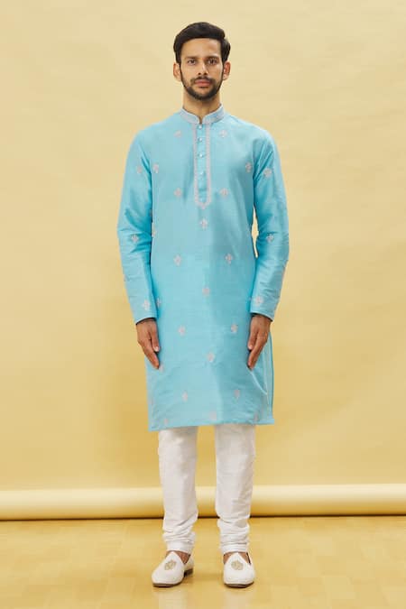 Arihant Rai Sinha Blue Silk Embroidery Floral Resham Kurta Set Online at Aza Fashions Arihant Rai Sinha_Blue Silk Embroidery Floral Resham Kurta Set _Online_at_Aza_Fashions
