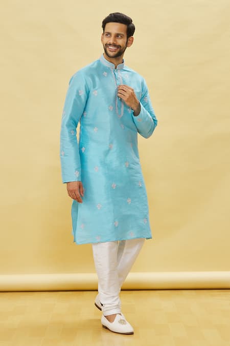 Buy Arihant Rai Sinha Blue Silk Embroidery Floral Resham Kurta Set Online at Aza Fashions Buy_Arihant Rai Sinha_Blue Silk Embroidery Floral Resham Kurta Set _Online_at_Aza_Fashions
