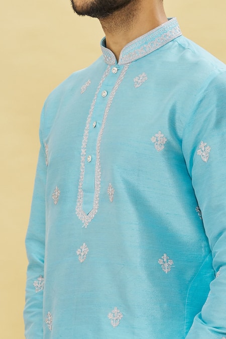Shop Arihant Rai Sinha Blue Silk Embroidery Floral Resham Kurta Set Online at Aza Fashions Shop_Arihant Rai Sinha_Blue Silk Embroidery Floral Resham Kurta Set _Online_at_Aza_Fashions