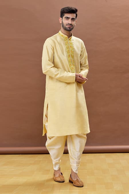 Buy_Arihant Rai Sinha_Gold Silk Embroidery Mandarin Collar Floral Kurta Patiala Set_Online_at_Aza_Fashions