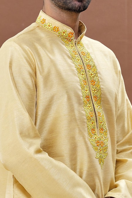 Shop_Arihant Rai Sinha_Gold Silk Embroidery Mandarin Collar Floral Kurta Patiala Set_Online_at_Aza_Fashions
