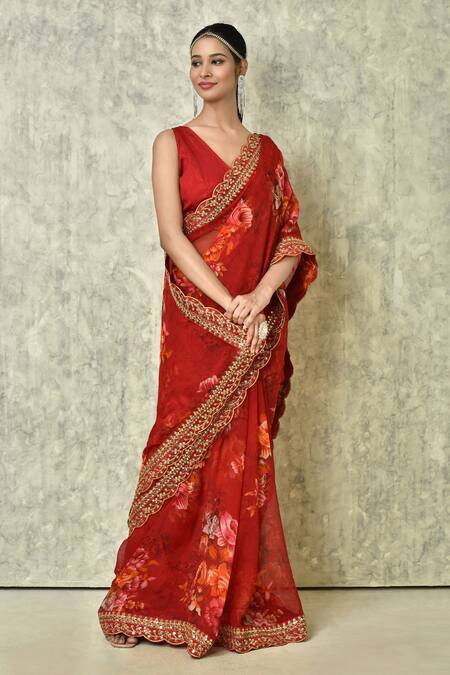 Buy_Samyukta Singhania_Red Georgette Botanical Pattern Saree With Running Blouse_Online_at_Aza_Fashions