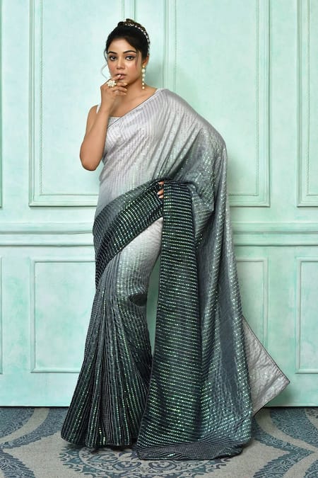 Grey embroidered chanderi sari with black blouse- set of two by Charkhee  Women | The Secret Label