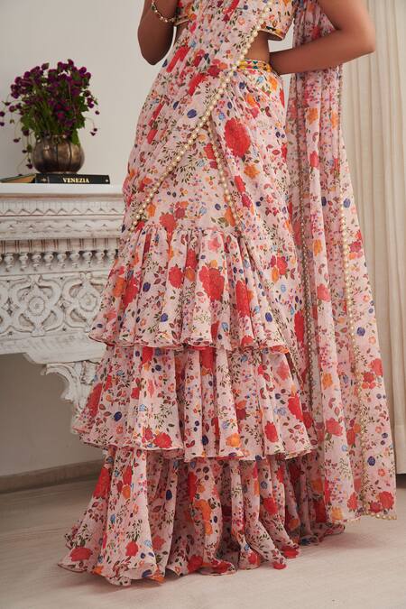 SHASHA GABA_Pink Chiffon Embroidery, Mirrors Sweetheart Neck Ruffle-tiered Saree With Blouse _Online_at_Aza_Fashions