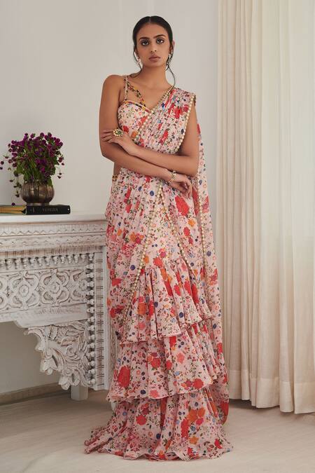 Shop_SHASHA GABA_Pink Chiffon Embroidery, Mirrors Sweetheart Neck Ruffle-tiered Saree With Blouse _Online_at_Aza_Fashions