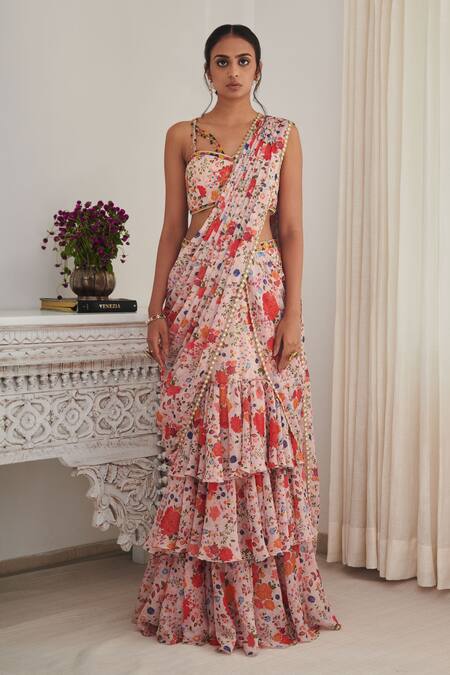 SHASHA GABA_Pink Chiffon Embroidery, Mirrors Sweetheart Neck Ruffle-tiered Saree With Blouse _at_Aza_Fashions