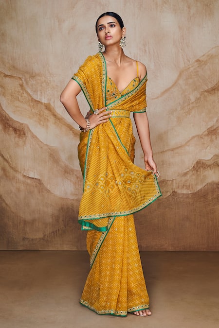 Yellow Bandhani Saree with Embroidery Border