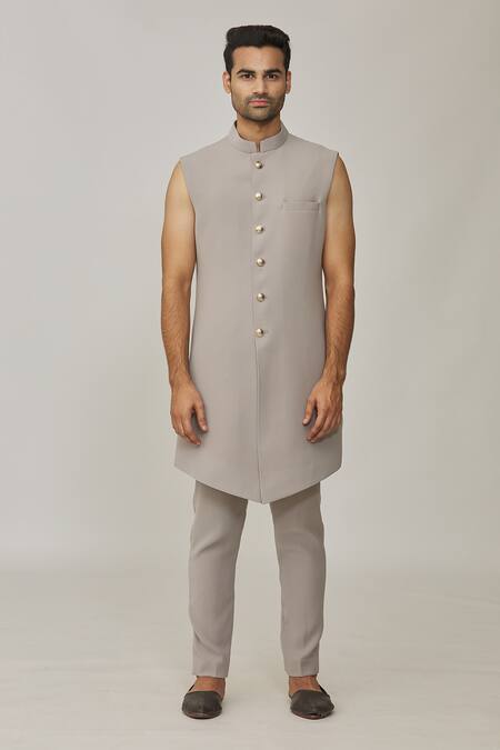 Nero By Shaifali And Satya_Blue Suede Geometric Pattern Jacket Sherwani Set_Online_at_Aza_Fashions