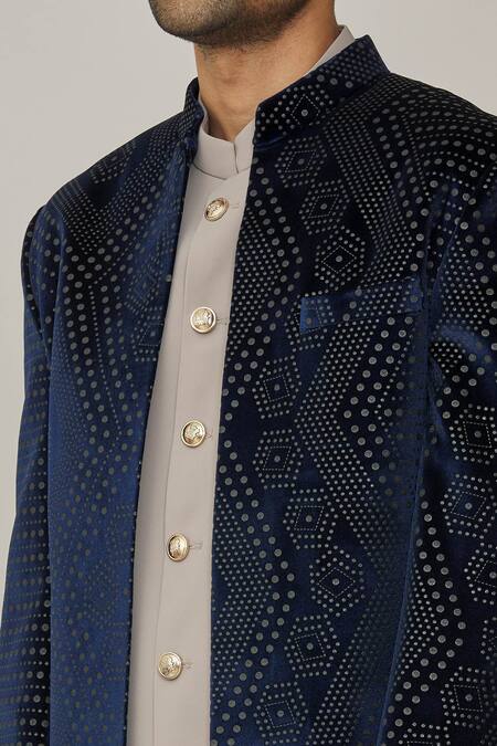 Shop_Nero By Shaifali And Satya_Blue Suede Geometric Pattern Jacket Sherwani Set_Online_at_Aza_Fashions