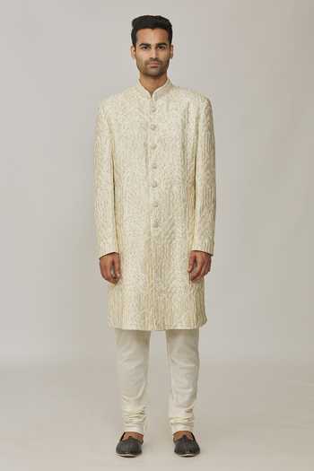 Nero By Shaifali And Satya Ivory Dupion Silk Embroidered Cutdana Geometric Thread Sherwani With Churidar Online at Aza Fashions Nero By Shaifali And Satya_Ivory Dupion Silk Embroidered Cutdana Geometric Thread Sherwani With Churidar_Online_at_Aza_Fashions