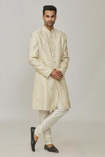 Buy Nero By Shaifali And Satya Ivory Dupion Silk Embroidered Cutdana Geometric Thread Sherwani With Churidar Online at Aza Fashions Buy_Nero By Shaifali And Satya_Ivory Dupion Silk Embroidered Cutdana Geometric Thread Sherwani With Churidar_Online_at_Aza_Fashions