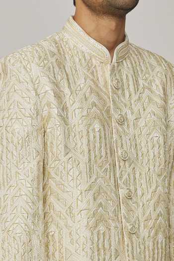 Nero By Shaifali And Satya Ivory Dupion Silk Embroidered Cutdana Geometric Thread Sherwani With Churidar at Aza Fashions Nero By Shaifali And Satya_Ivory Dupion Silk Embroidered Cutdana Geometric Thread Sherwani With Churidar_at_Aza_Fashions