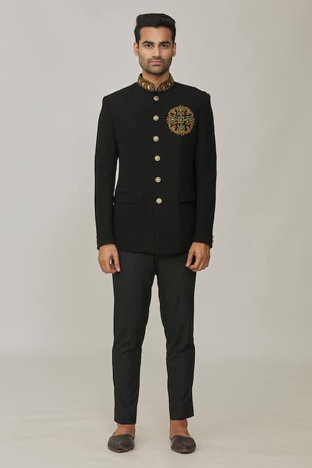 Nero By Shaifali And Satya Black Cotton Embroidery Zardozi Jodhpuri With Pant Online at Aza Fashions Nero By Shaifali And Satya_Black Cotton Embroidery Zardozi Jodhpuri With Pant _Online_at_Aza_Fashions