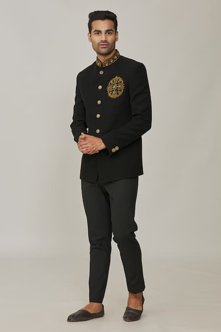 Shop Nero By Shaifali And Satya Black Cotton Embroidery Zardozi Jodhpuri With Pant Online at Aza Fashions Shop_Nero By Shaifali And Satya_Black Cotton Embroidery Zardozi Jodhpuri With Pant _Online_at_Aza_Fashions