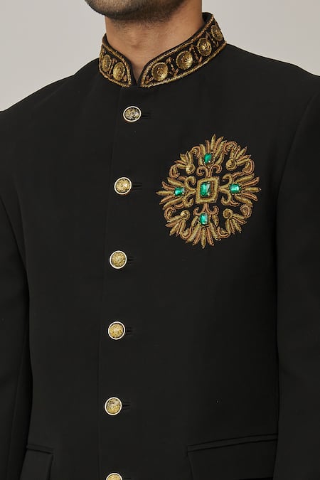 Nero By Shaifali And Satya Black Cotton Embroidery Zardozi Jodhpuri With Pant at Aza Fashions Nero By Shaifali And Satya_Black Cotton Embroidery Zardozi Jodhpuri With Pant _at_Aza_Fashions
