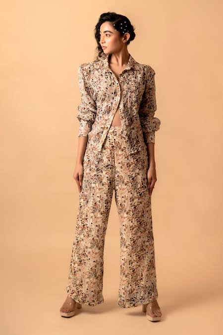 Pds By Sneha_Ivory Silk, Organza, Crepe Pearls Collared Floral Print Shirt With Pant _Online_at_Aza_Fashions