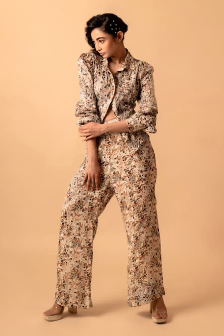 Buy_Pds By Sneha_Ivory Silk, Organza, Crepe Pearls Collared Floral Print Shirt With Pant _Online_at_Aza_Fashions