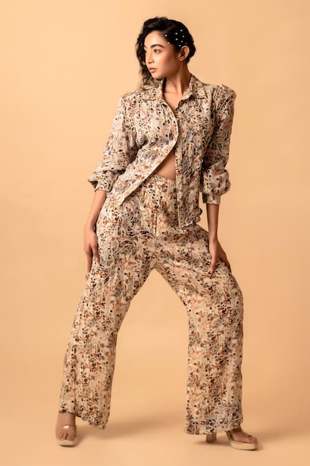 Shop_Pds By Sneha_Ivory Silk, Organza, Crepe Pearls Collared Floral Print Shirt With Pant _Online_at_Aza_Fashions