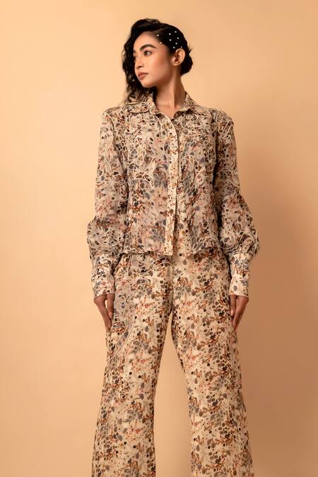 Pds By Sneha_Ivory Silk, Organza, Crepe Pearls Collared Floral Print Shirt With Pant _at_Aza_Fashions