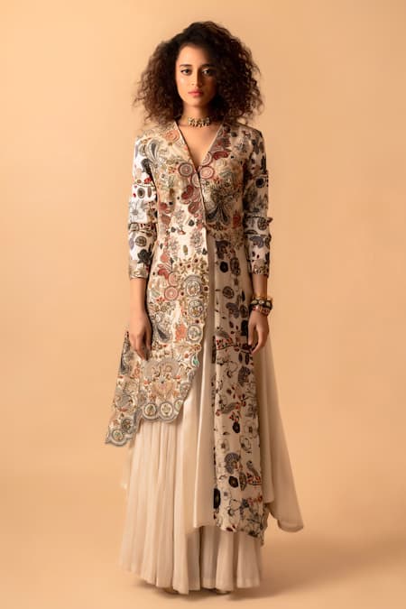 Pds By Sneha_Ivory Chanderi Print Flower Hand Embroidered Jacket With Sharara  _Online_at_Aza_Fashions