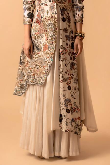 Buy_Pds By Sneha_Ivory Chanderi Print Flower Hand Embroidered Jacket With Sharara  _Online_at_Aza_Fashions