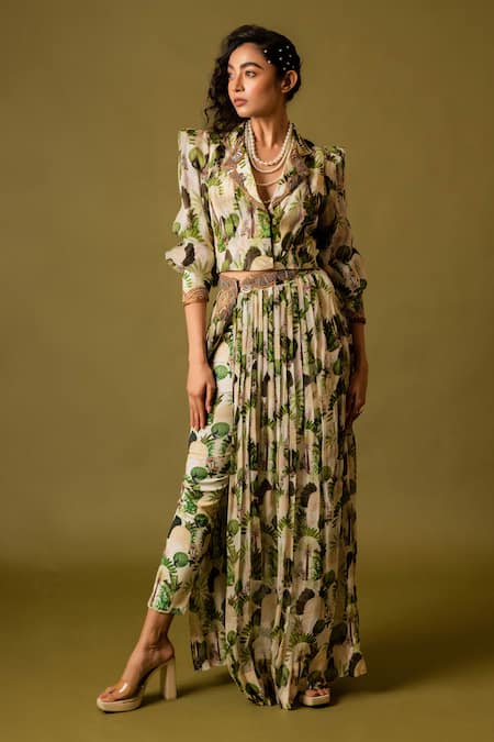 Pds By Sneha_Ivory Organza Print Floral Lapel Collar Peacock Top And Skirt Set  _Online_at_Aza_Fashions