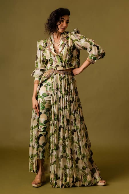 Buy_Pds By Sneha_Ivory Organza Print Floral Lapel Collar Peacock Top And Skirt Set  _Online_at_Aza_Fashions