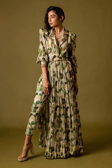 Shop_Pds By Sneha_Ivory Organza Print Floral Lapel Collar Peacock Top And Skirt Set  _Online_at_Aza_Fashions