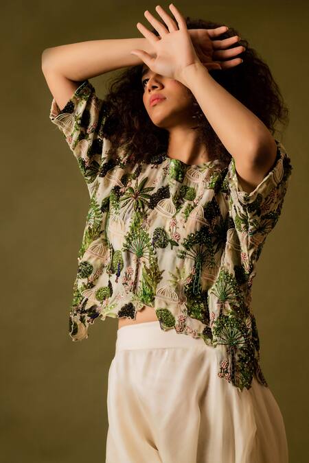 Buy_Pds By Sneha_Ivory Organza Print Peacock Round Hand Embroidered Top With Dhoti Pant  _Online_at_Aza_Fashions