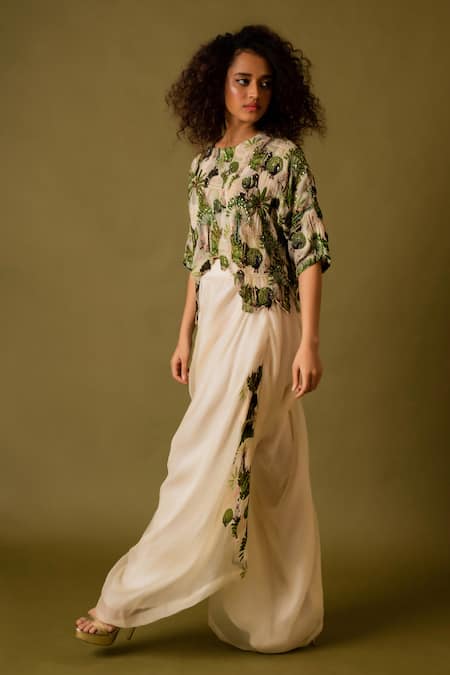 Shop_Pds By Sneha_Ivory Organza Print Peacock Round Hand Embroidered Top With Dhoti Pant  _Online_at_Aza_Fashions