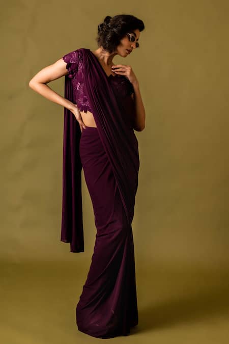 Buy_Pds By Sneha_Purple Lycra Net Hand Embroidery Floral Pre-draped Saree With Blouse  _Online_at_Aza_Fashions