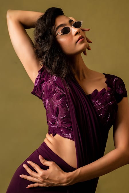 Shop_Pds By Sneha_Purple Lycra Net Hand Embroidery Floral Pre-draped Saree With Blouse  _Online_at_Aza_Fashions