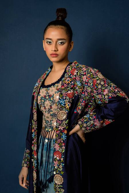 Pds By Sneha_Blue Silk Hand Embroidery Floral Top Round Neck Long Jacket With  _Online_at_Aza_Fashions
